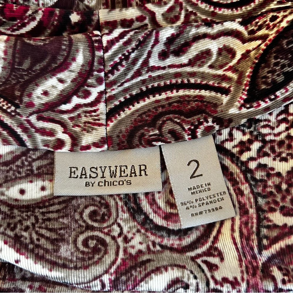 Chicos Easywear Womens Burgundy Tan Paisley Open Front Jersey Cardigan Size 2/ L - Picture 10 of 11